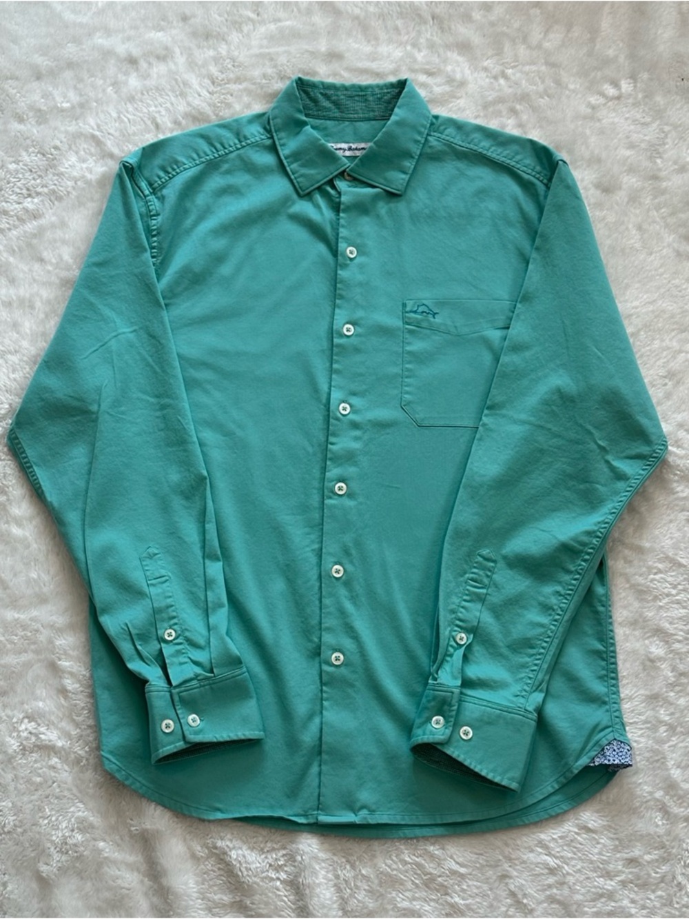 Tommy Bahama Oasis Twill Silk Blend Shirt Small Marlin Teal Contrast Cuffs S/P